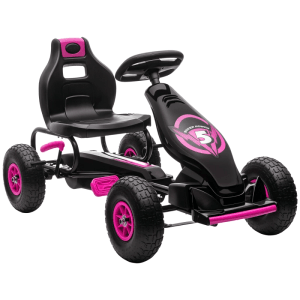 HOMCOM Go Kart in Schwarz-Rosa mit Pedalen, Lenkrad, Sportsitz und Gummireifen für Kinder. Robustes Tretauto.