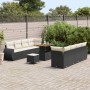 Schwarzes 11-teiliges vidaXL Garten-Sofa-Set aus Poly Rattan mit Tisch und Auflagen.