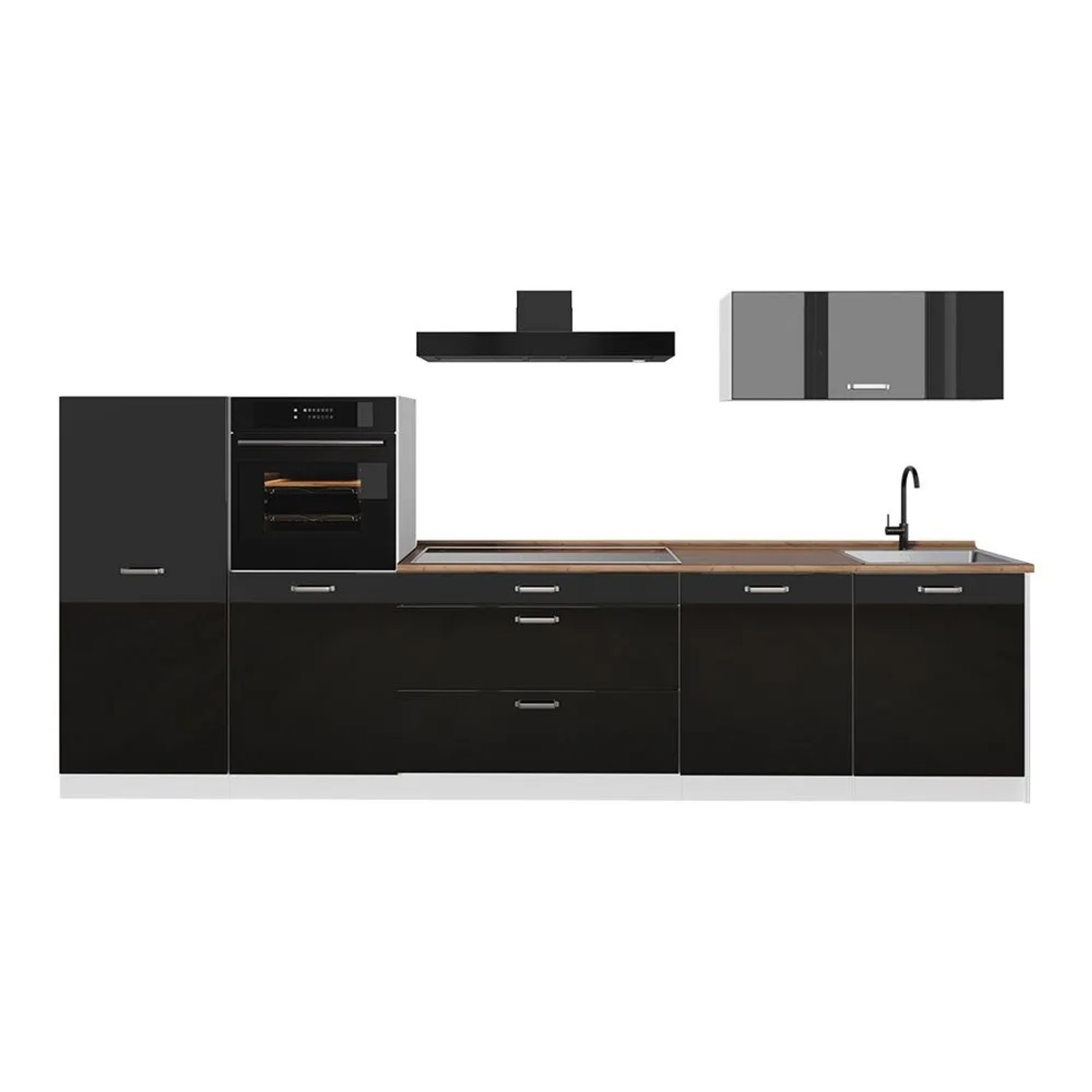 Vicco Küchenzeile R-Line Schwarz Hochglanz/Weiß 340 x 143 Arbeitsplatte Goldkraft Eiche Art Nr 66546