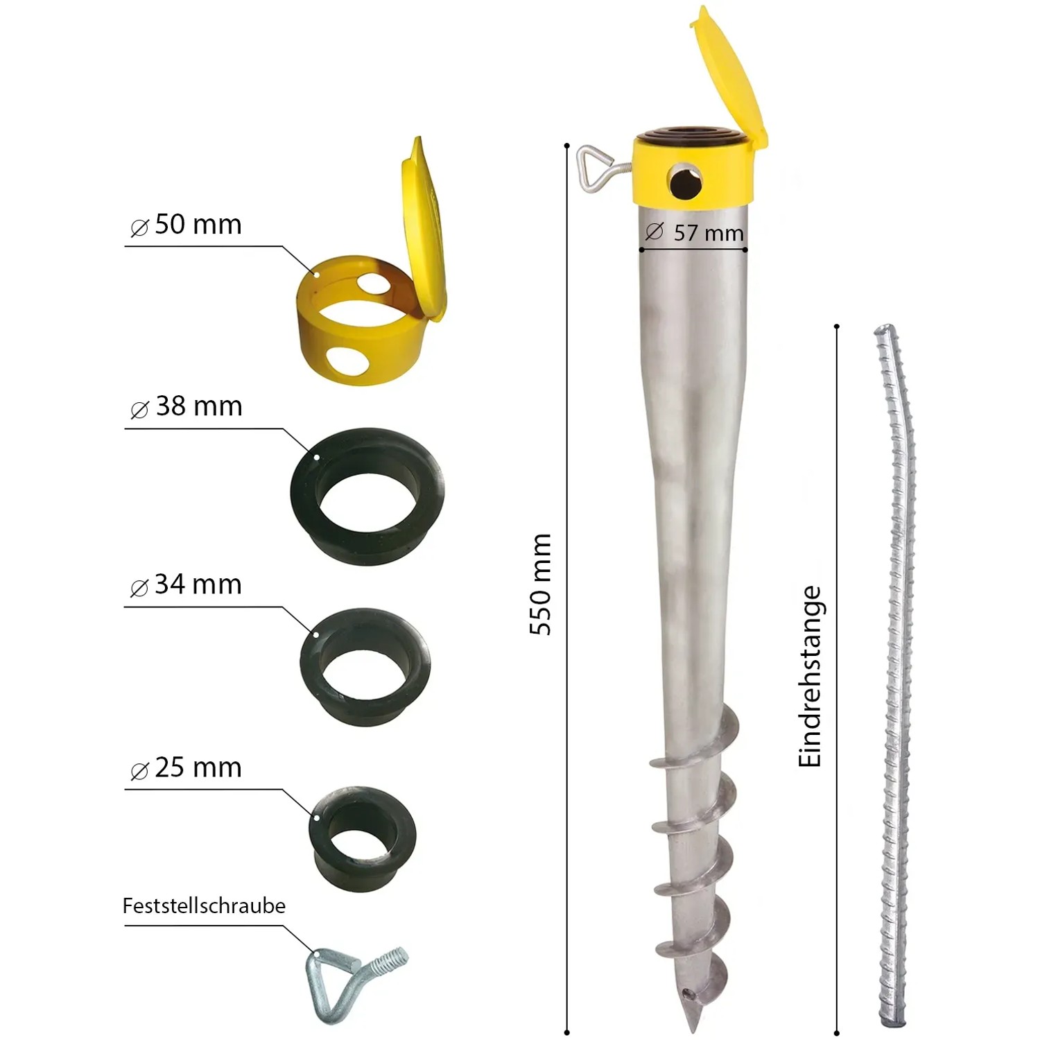 Krinner Bodendübel Kompakt Allround mit Zubehör: Eindrehstange, Reduzierhülsen und Feststellschraube.