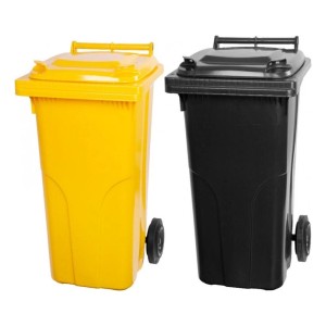 PROREGAL Mülltonnen-Set: 1x gelbe & 1x graue 120L Mülltonne aus HDPE-Kunststoff mit Rädern.