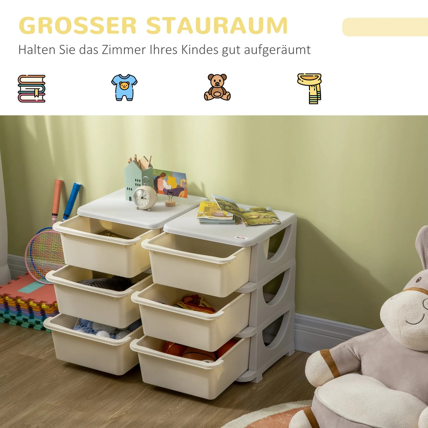 HOMCOM Schubladenschrank für Kinder mit sechs Schubladen zur Aufbewahrung von Spielzeug.