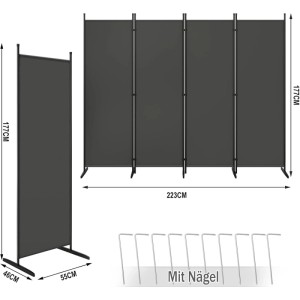 WOLTU Paravent klappbar, dunkelgrau, 223x177 cm, mit Erdnägeln. Sichtschutz & Raumteiler für Garten & Balkon.