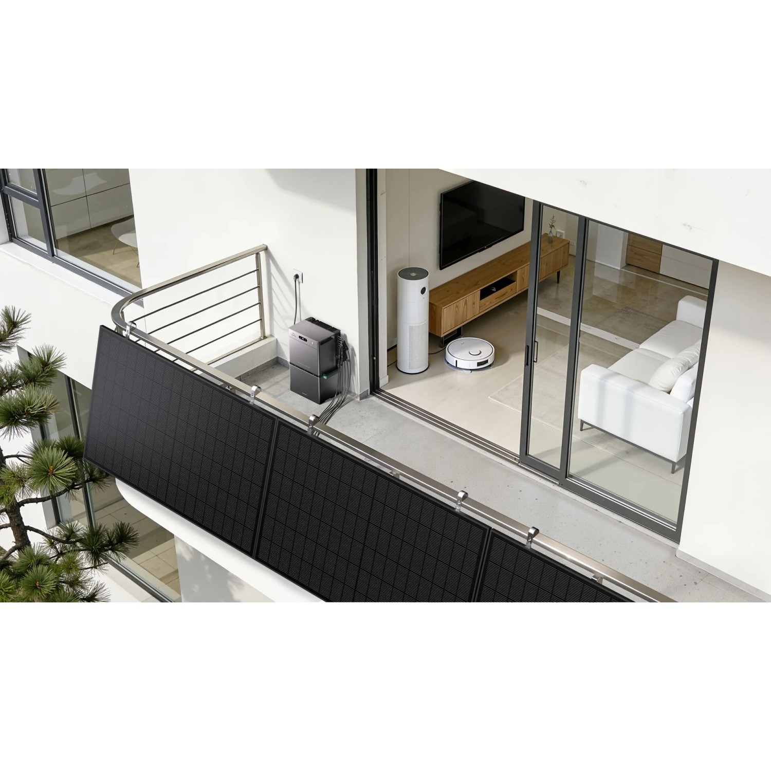 ZENDURE SolarFlow 2400 Pro Balkonkraftwerk mit Solarspeicher und Batterie auf einem Balkon.