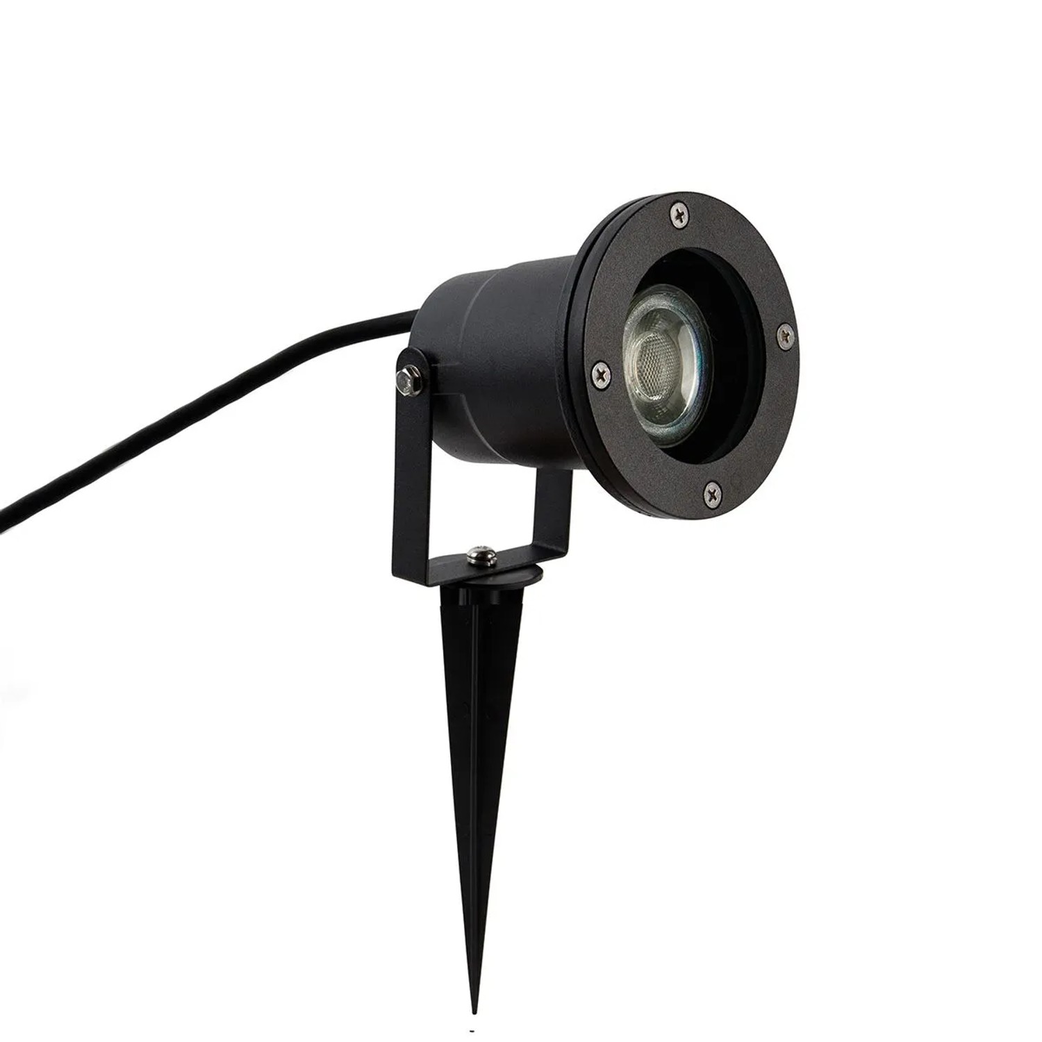 Schwarzer QAZQA Gartenstrahler mit Kabel und Stecker, 200 cm, IP65, für GU10 Leuchtmittel (nicht enthalten).