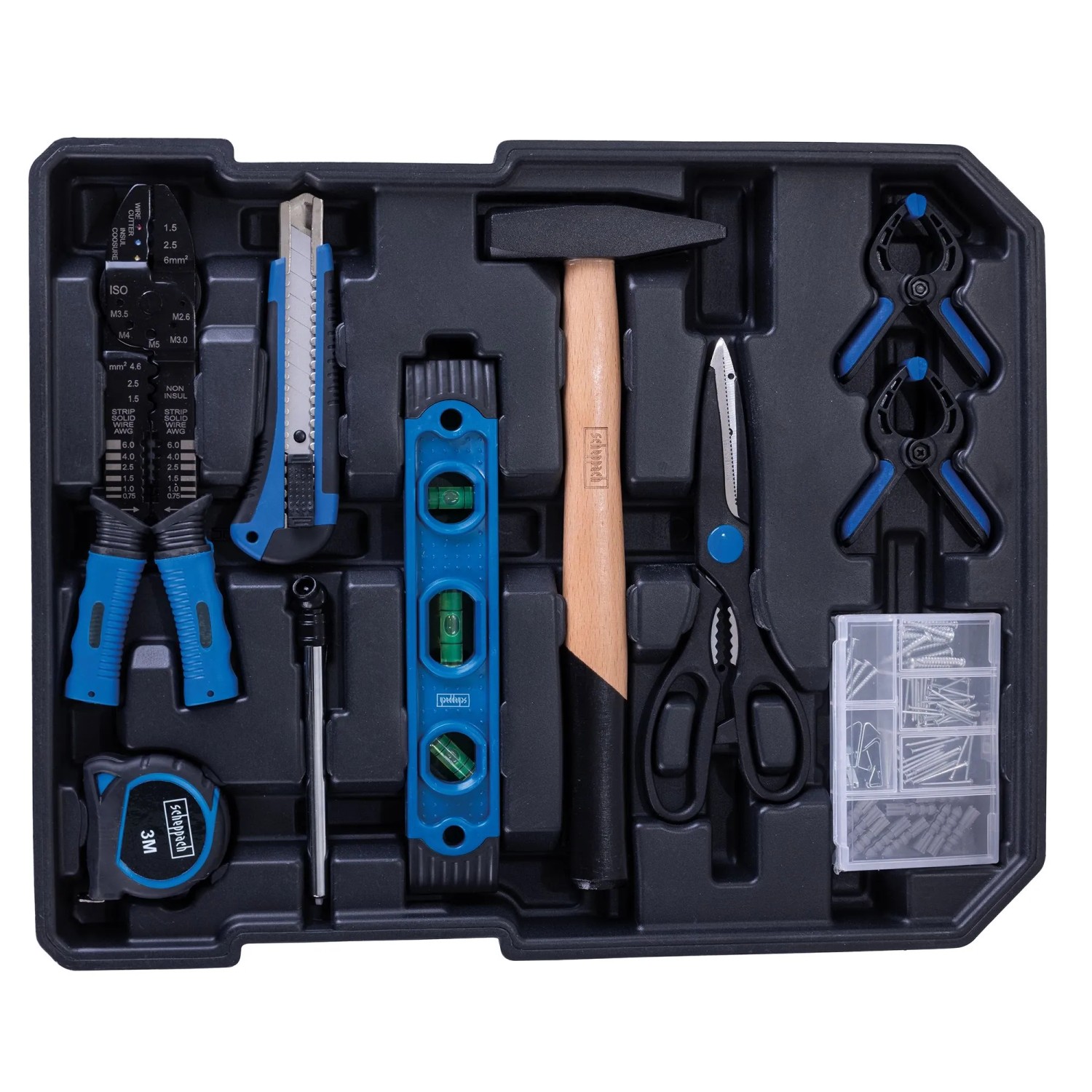 Scheppach Werkzeugkoffer WZT187, offen, mit 187 Werkzeugen: Hammer, Wasserwaage, Zange, Maßband, Schere, Nägel.