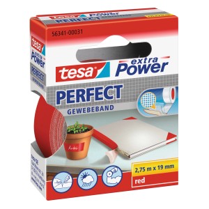 Tesa Extra Power Perfect Gewebeband Rot, 2,75m. Vielseitiges, reißfestes Klebeband für Reparaturen und Bastelarbeiten.