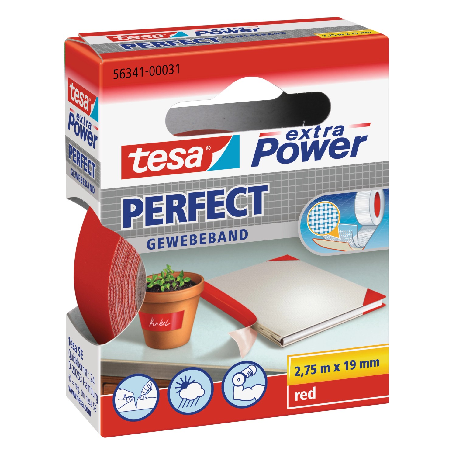 Tesa Extra Power Perfect Gewebeband Rot 2,75 m x 19 mm