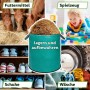 Grüner TTL GARDEN Gartensack 272 L, gefüllt mit Heu, umgeben von Bildern für Spielzeug, Schuhe, Wäsche. Vielseitige Aufbewahrung.