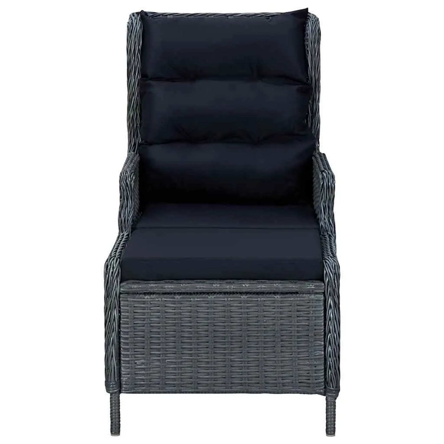Verstellbarer, dunkelgrauer vidaXL Gartensessel mit Fußhocker aus Polyrattan und schwarzen Kissen.