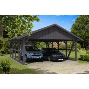 Grauer Skan Holz Carport Schwarzwald mit Dachschalung für zwei Autos.