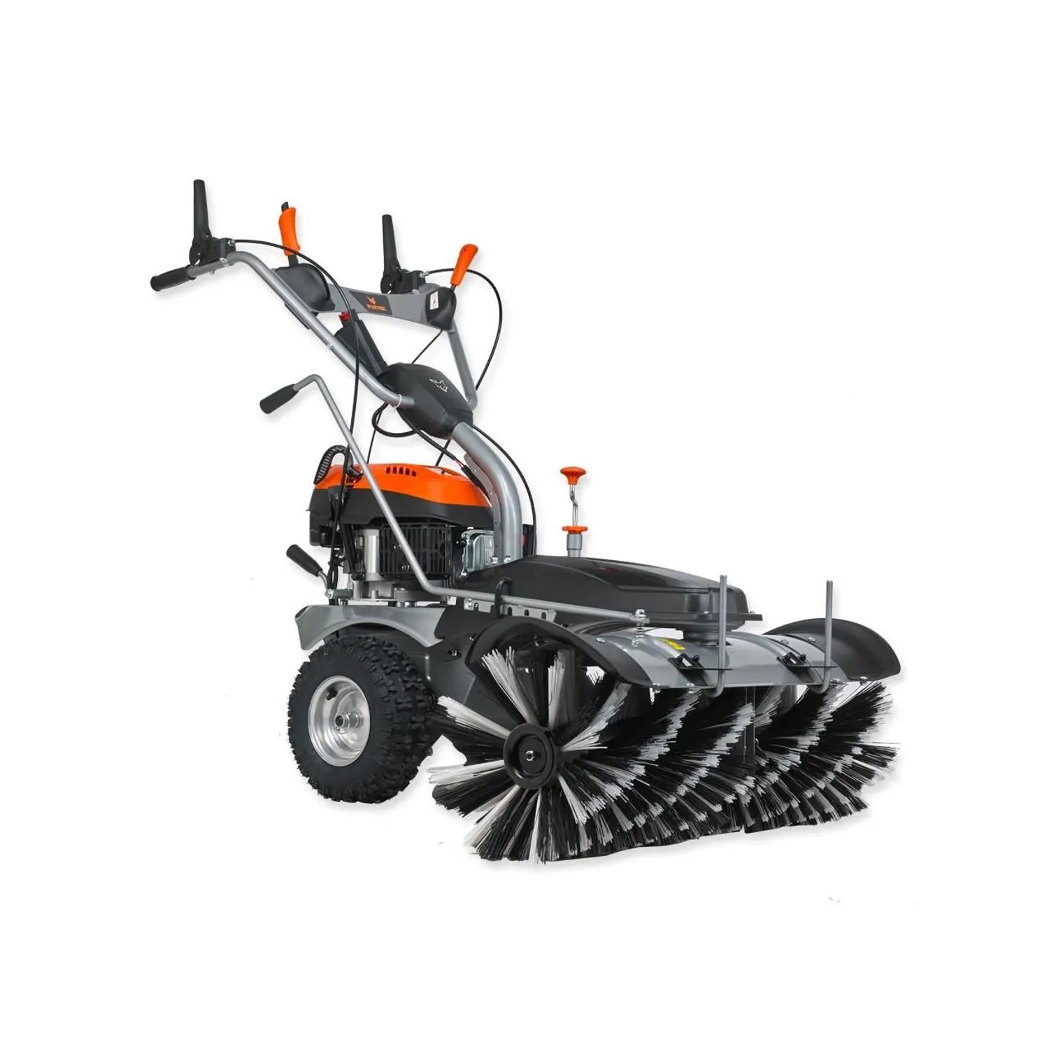 FUXTEC Benzin-Kehrmaschine FX-KM1196 in Grau-Orange mit 100 cm Arbeitsbreite, großer Kehrbürste und Rädern.