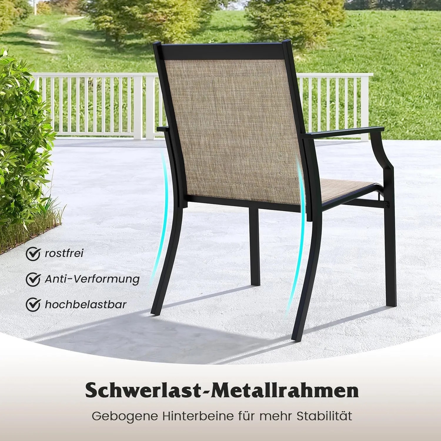 Kaffeefarbener Gartenstuhl mit schwarzem Metallrahmen, Stoffbezug und gebogenen Beinen für Stabilität auf Terrasse.