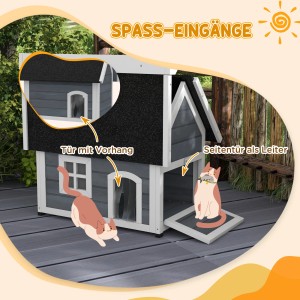 PawHut Katzenhaus mit Asphaltdach und mehreren Eingängen. Gemütliches Katzenhaus für den Außenbereich.