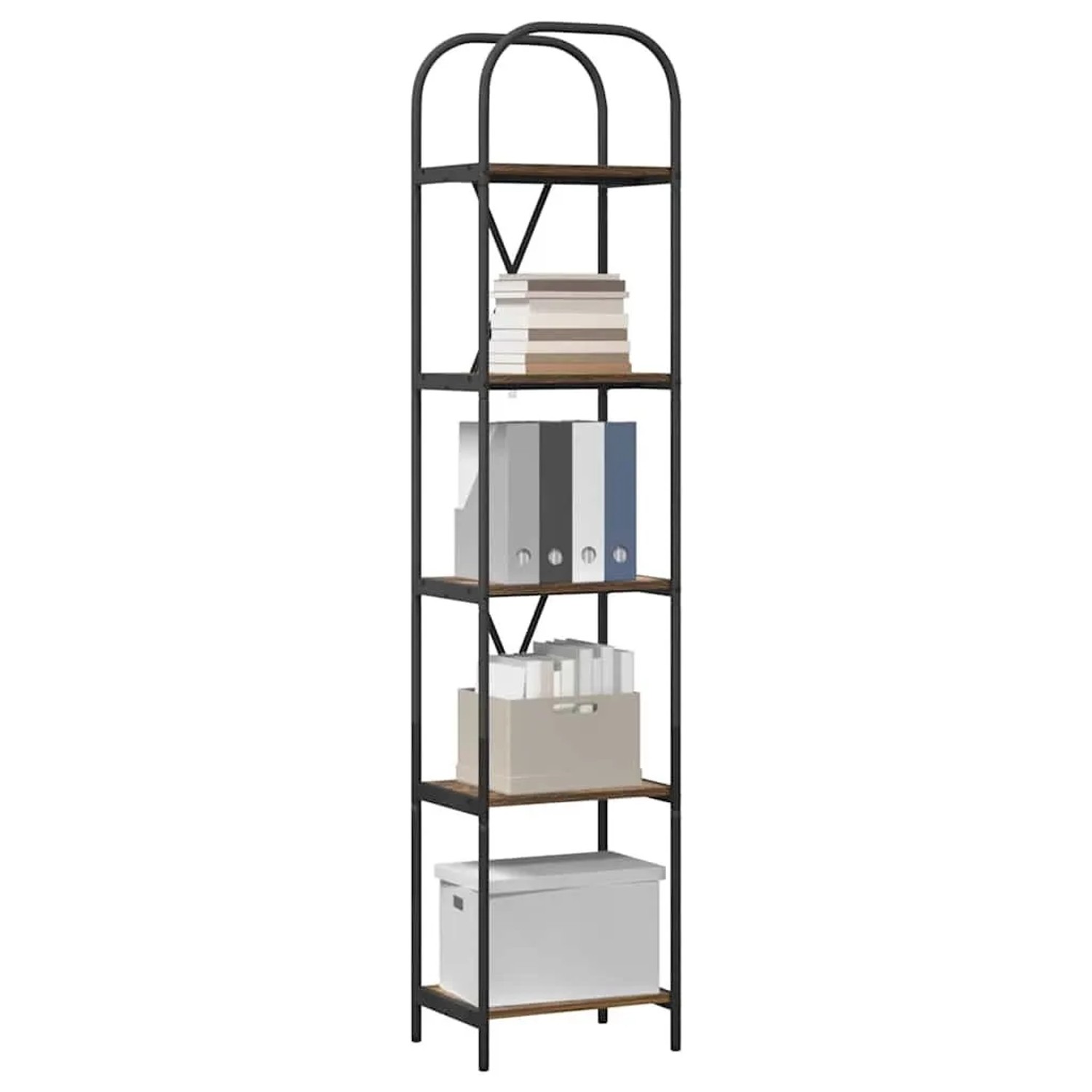 Hohes, schlankes Bücherregal in geräucherter Eiche mit 5 Fächern und schwarzem Metallgestell.