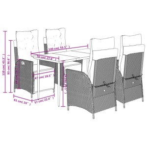 Schwarze 5-tlg. vidaXL Garten-Essgruppe aus Polyrattan mit Tisch und Stühlen mit Kissen.