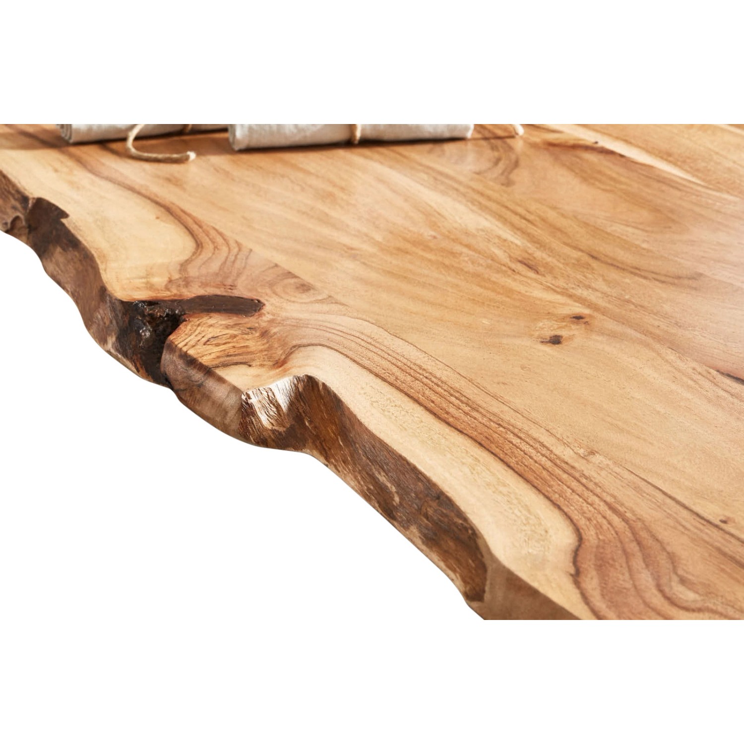 Tischplatte Akazie Natur, Baumkante, Massivholz, 240x100 cm, Detailansicht.
