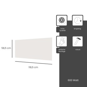 Abbildung der Fenix Infrarotheizung ECOSUN Glasheizung 600W mit Maßangaben und Qualitätsmerkmalen.