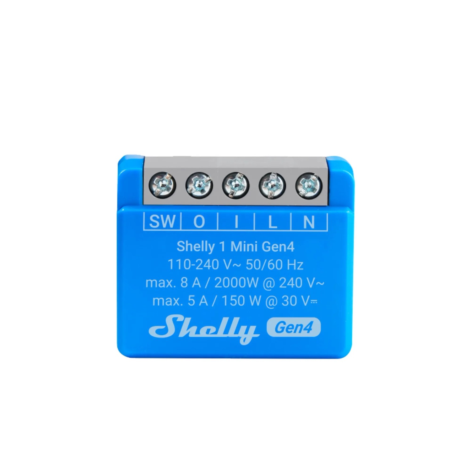 Blaues Shelly Smart-Relais Mini Gen4 für die Hausautomation, Unterputzmontage.