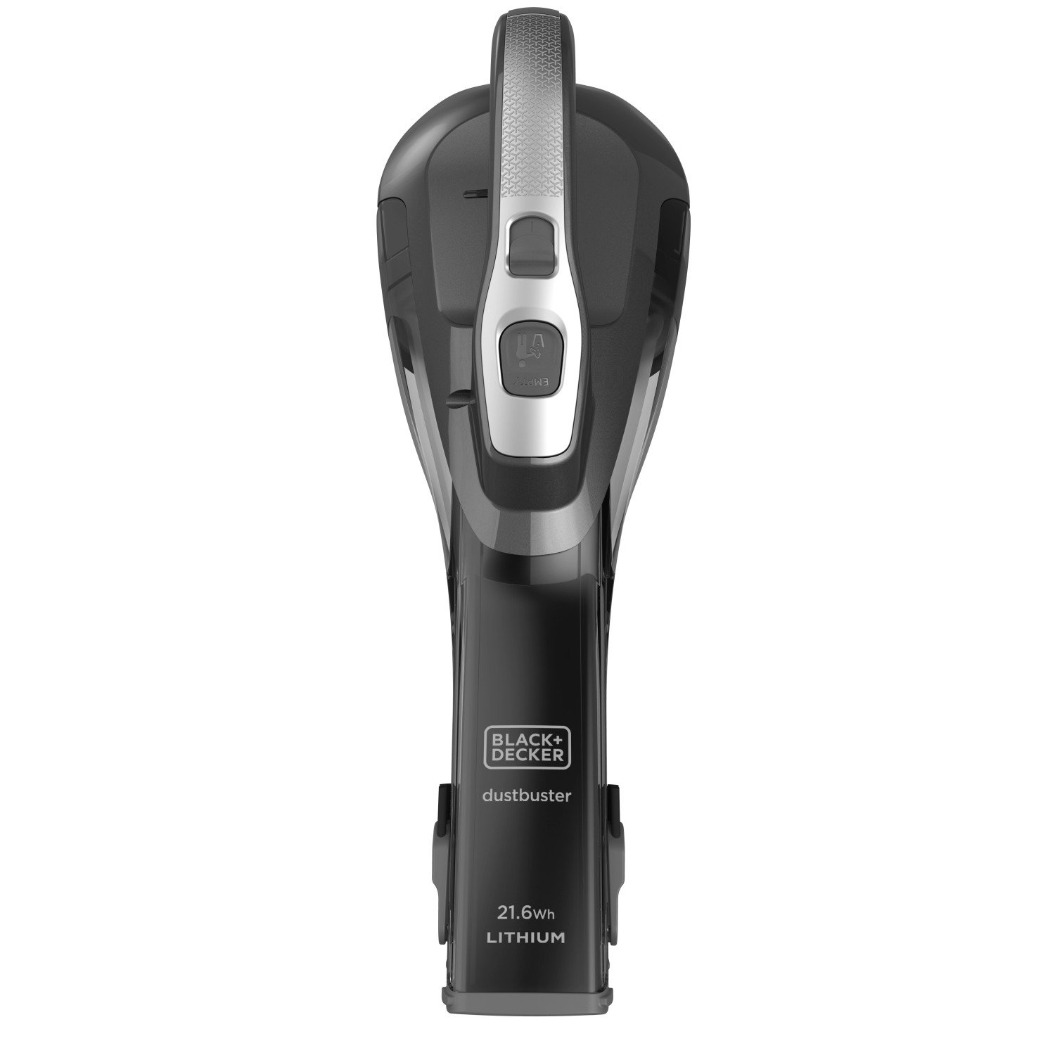 Black+Decker Akku-Handstaubsauger DVA320J in Schwarz und Silber, Frontansicht.