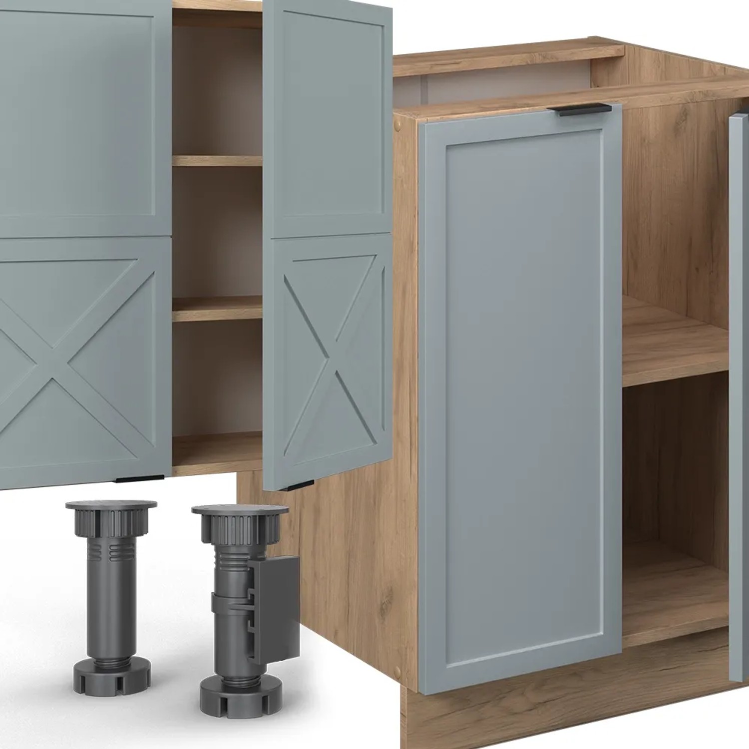 Vicco Fame-Line Küchenzeile in Hellblau-Grau/Eiche mit Hochschrank Anthrazit, 300 cm breit.