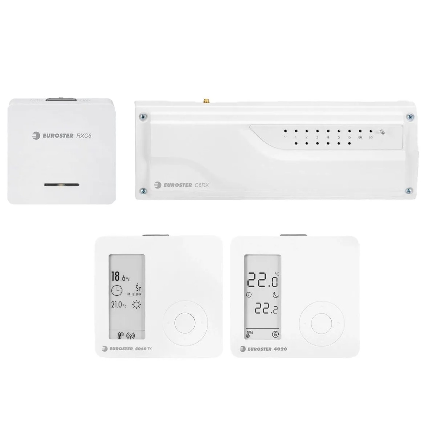 Euroster Funk Klemmleiste C6RX Set mit Raumthermostaten und Uhrenthermostat für Fußbodenheizung