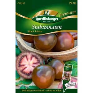 Saatgutpackung Quedlinburger Stabtomate Black Prince mit dunkelroten Tomaten.