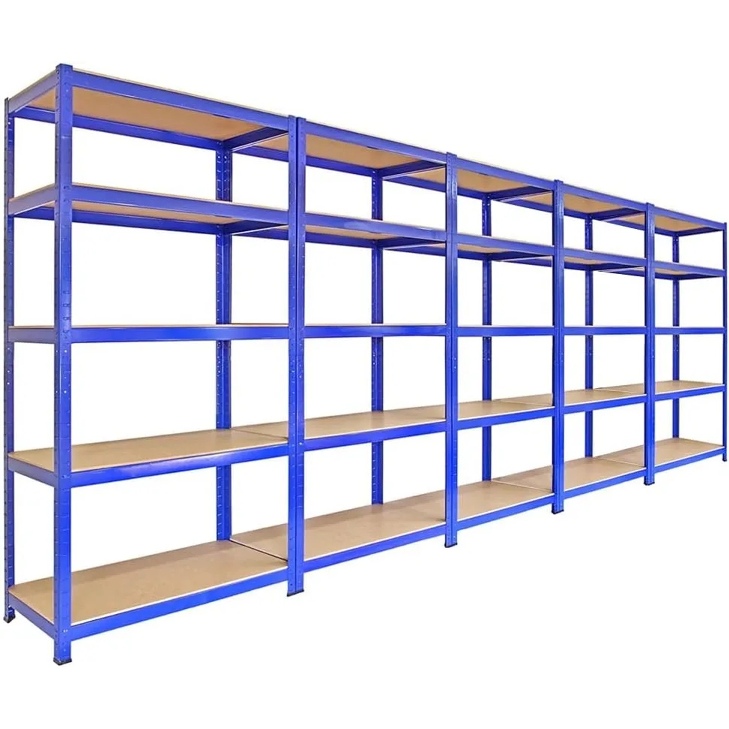 5 blaue Monstershop T-Rax Lagerregale (90cm) mit MDF-Böden, ideal für Werkstatt & Lager.