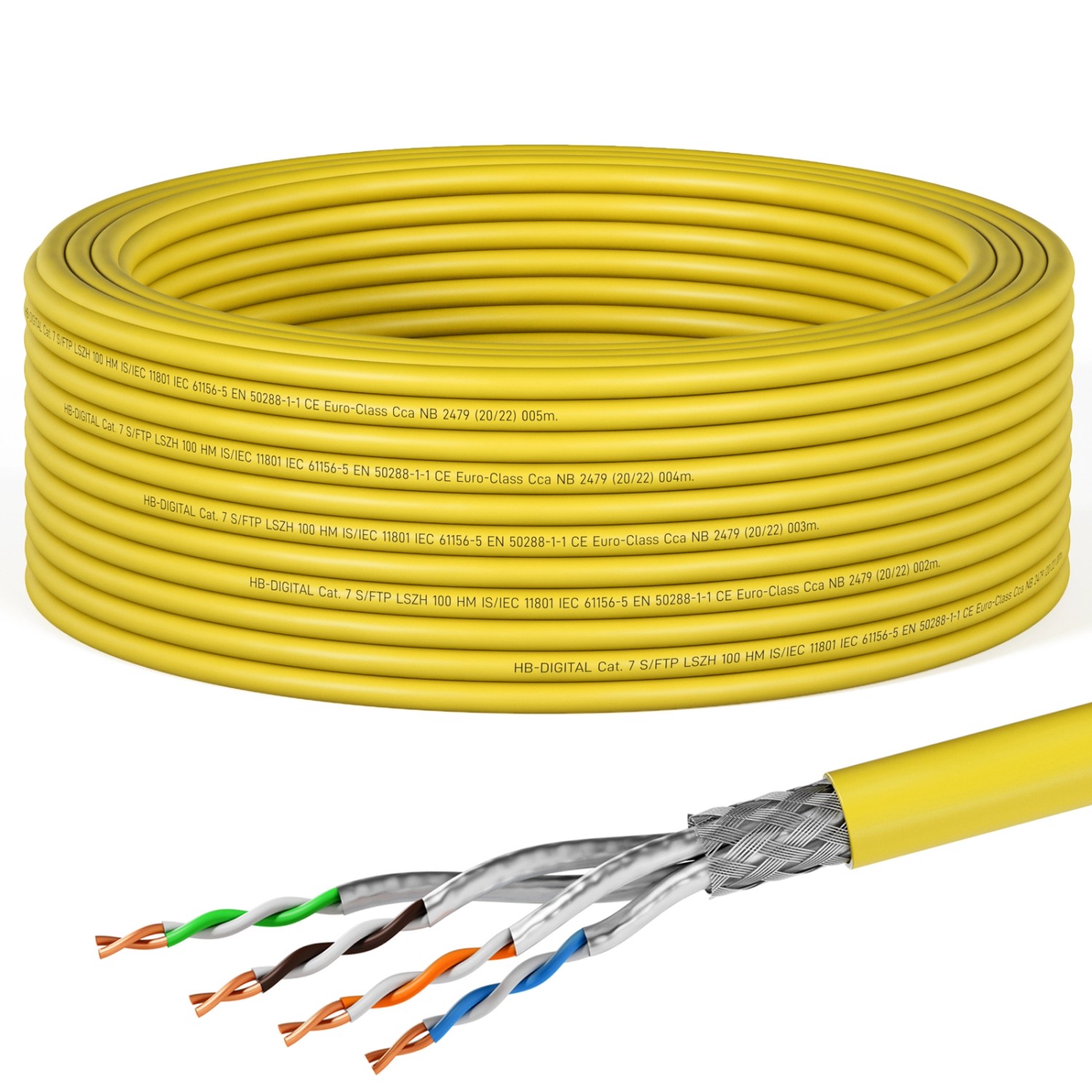 hb-digital CAT 7 Kabel Netzwerkkabel max. 1000 MHz S/FTP AWG23 LSZH 15m gelb