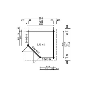 Grundriss Gartenhaus Fjordholz Evelyn 1A: 5-Eck Design mit Maßen. Ideal für Gartenecken, vielseitig nutzbar.