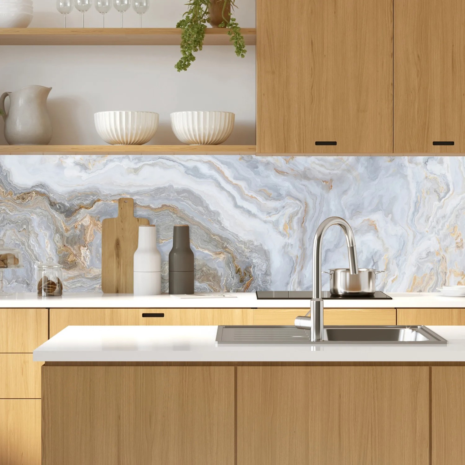 MySpotti Küchenrückwand Profix Cucina Stig, 100x60 cm, Stein Marmor-Hell in moderner Küche.
