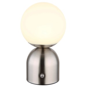 Globo Tischleuchte Julsy, 21 cm, Nickel matt, mit runder, leuchtender Kugel. LED-Tischleuchte.