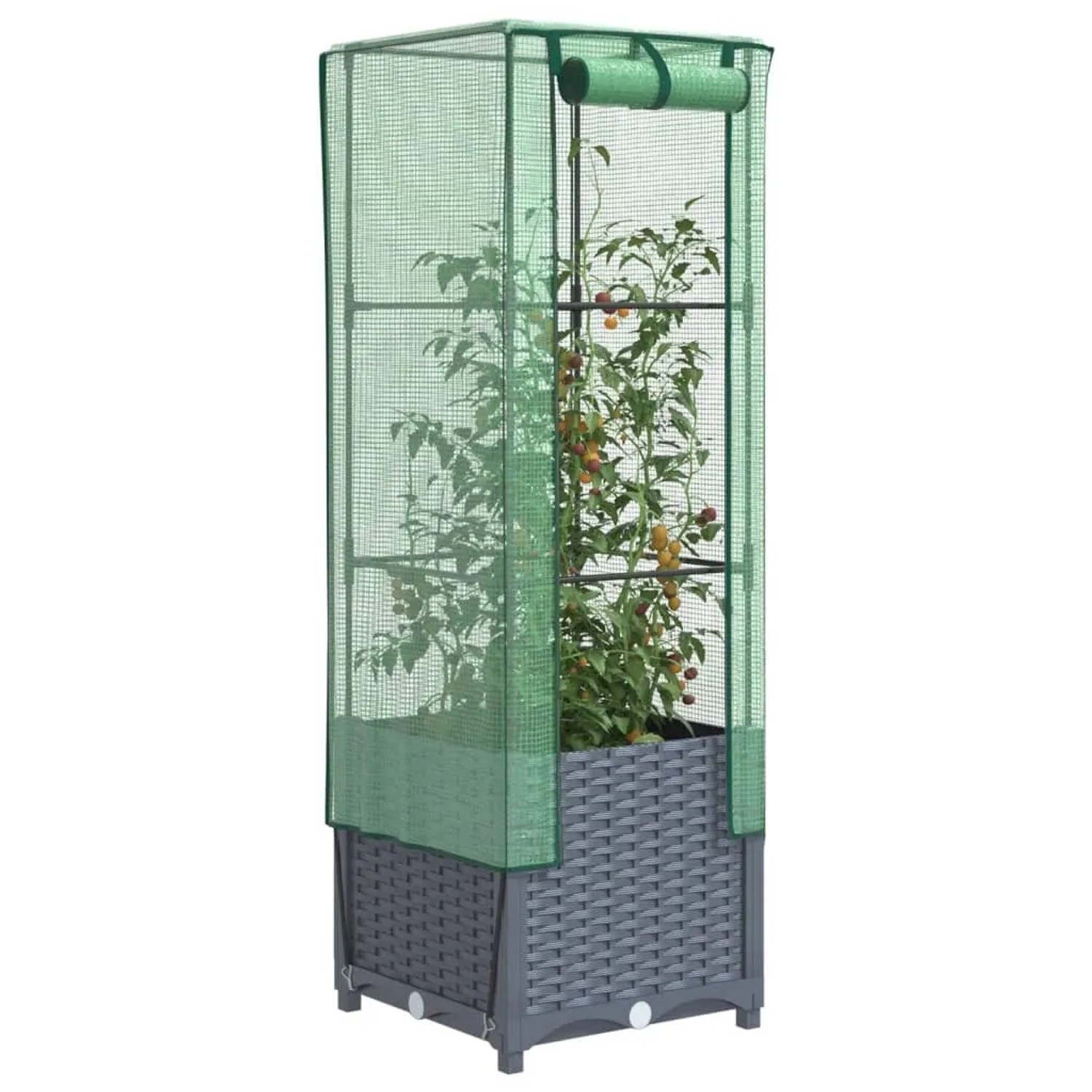 Hochbeet mit Gewächshaus-Aufsatz in Rattan-Optik, dunkelgrau und grün, 40x40x139 cm.