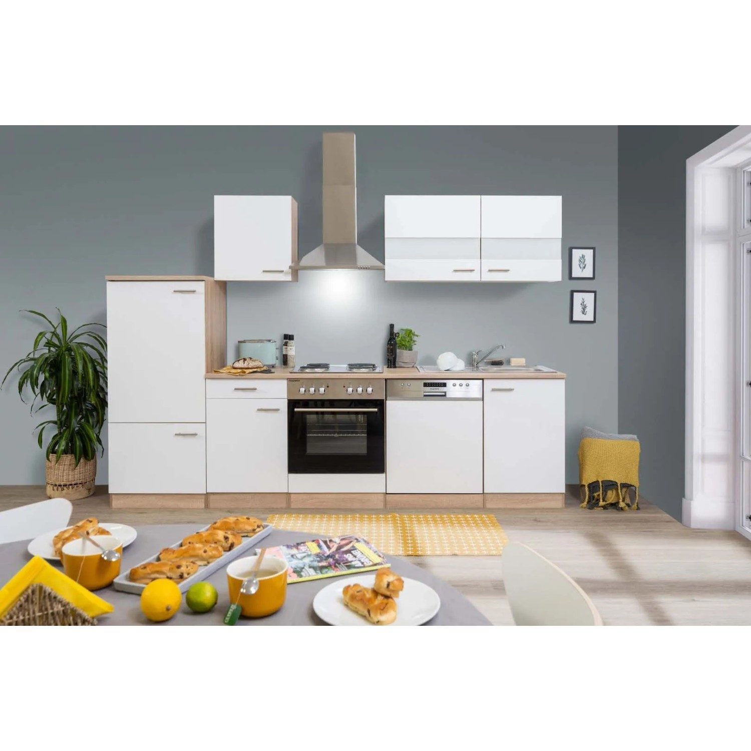 Respekta Küchenzeile LBKB280ESW, 280 cm, Weiß/Eiche Sonoma Dekor, ohne E-Geräte.