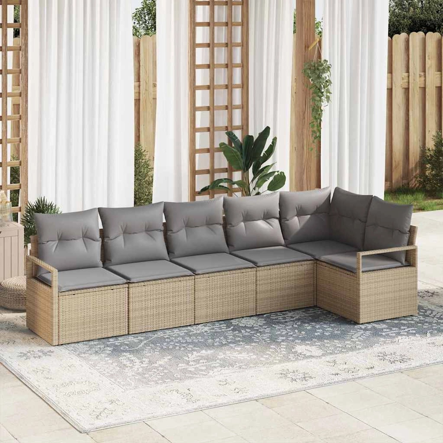6-teiliges Garten-Sofaset von vidaXL aus beigem Polyrattan mit grauen Kissen.