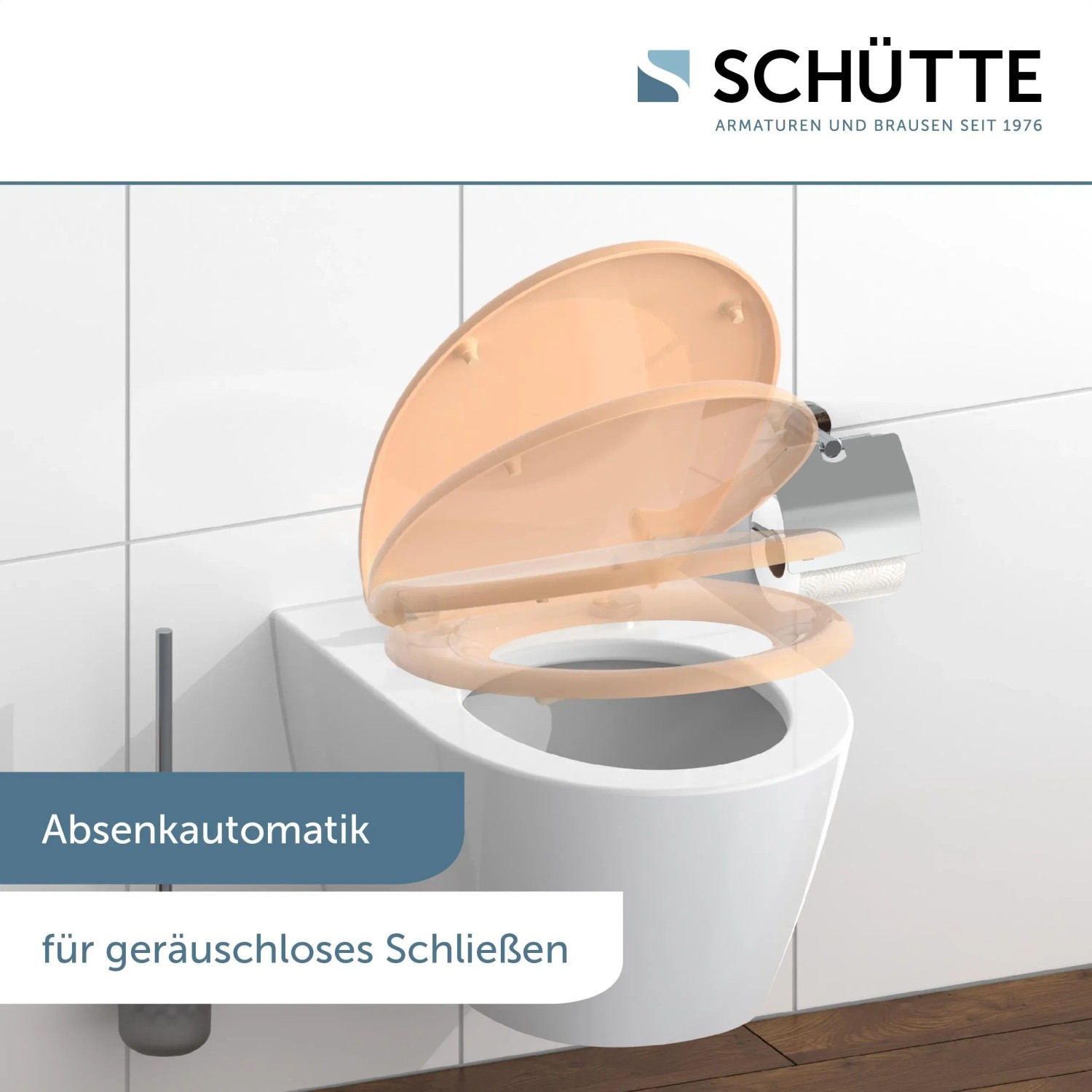 Beiger Schütte WC-Sitz aus Duroplast mit Absenkautomatik und Schnellverschluss auf WC-Becken.