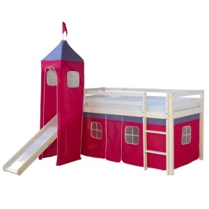 Weißes Kinderhochbett 90x200 mit pinkem Vorhang, Rutsche und Turm. Abenteuerbett mit Leiter.