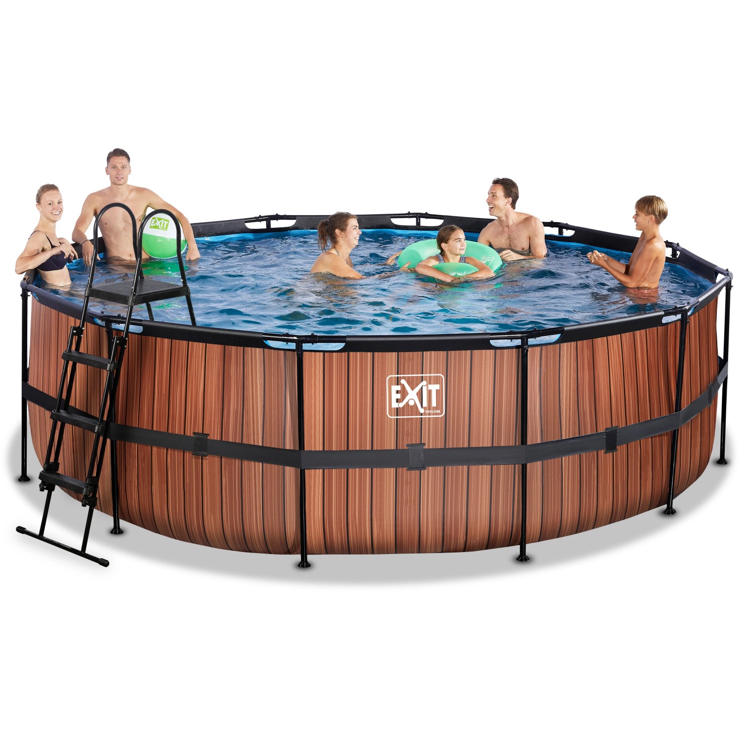 Runder EXIT Wood Pool Ø450x122cm in Braun mit Filterpumpe und Poolleiter, Personen im Wasser.