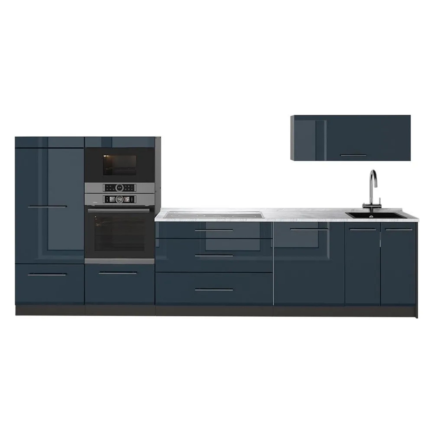 Vicco Küchenzeile Fame-Line Dunkelblau Hochglanz/Anthrazit 340 x 154 AP Marmor Art Nr 64490