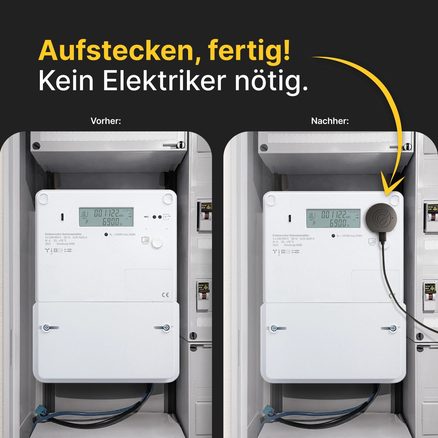 Solakon PowerTracker IR Smart Meter am Stromzähler: Vorher/Nachher-Vergleich der Installation.