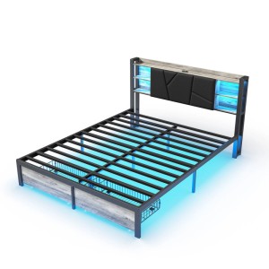 Eisenholzbett 160x200 mit Schubladen, USB-Ladefunktion und LED-Beleuchtung.