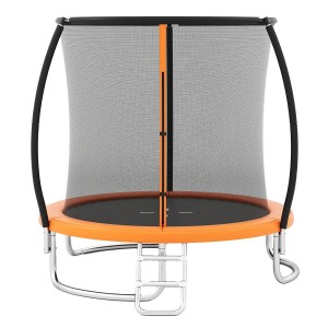 Rundes Outdoor Trampolin Ø244 cm mit orangefarbenem Rahmen, schwarzer Sprungmatte, Sicherheitsnetz und Leiter für Kinder.