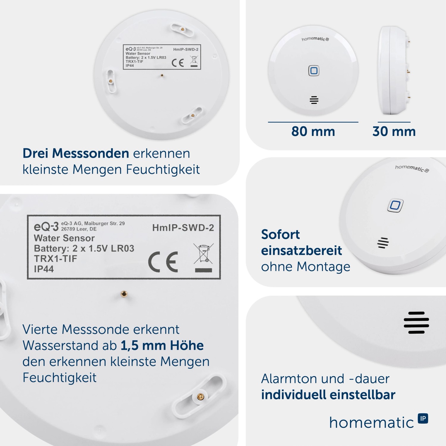 Homematic IP Wassersensor SWD-2, weiß, rund, 80x30mm. Erkennt Feuchtigkeit, warnt vor Wasserschäden im Smart Home.
