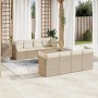 Beige 9-teilige Garten-Sofagarnitur aus Polyrattan mit Kissen. Gemütliche Gartenmöbel für Terrasse und Garten.