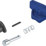 Schnellverschluss-Set für Rasenmäher, bestehend aus Klapphebel, Knebelverschluss, Feder, Bolzen und Stift.