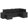 Schwarze 6-teilige Garten-Sofagarnitur aus Poly Rattan mit Kissen. Modulare Bauweise.