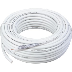 Weißes Schwaiger SAT-Koaxialkabel, 10 m, 115 dB, aufgerollt.