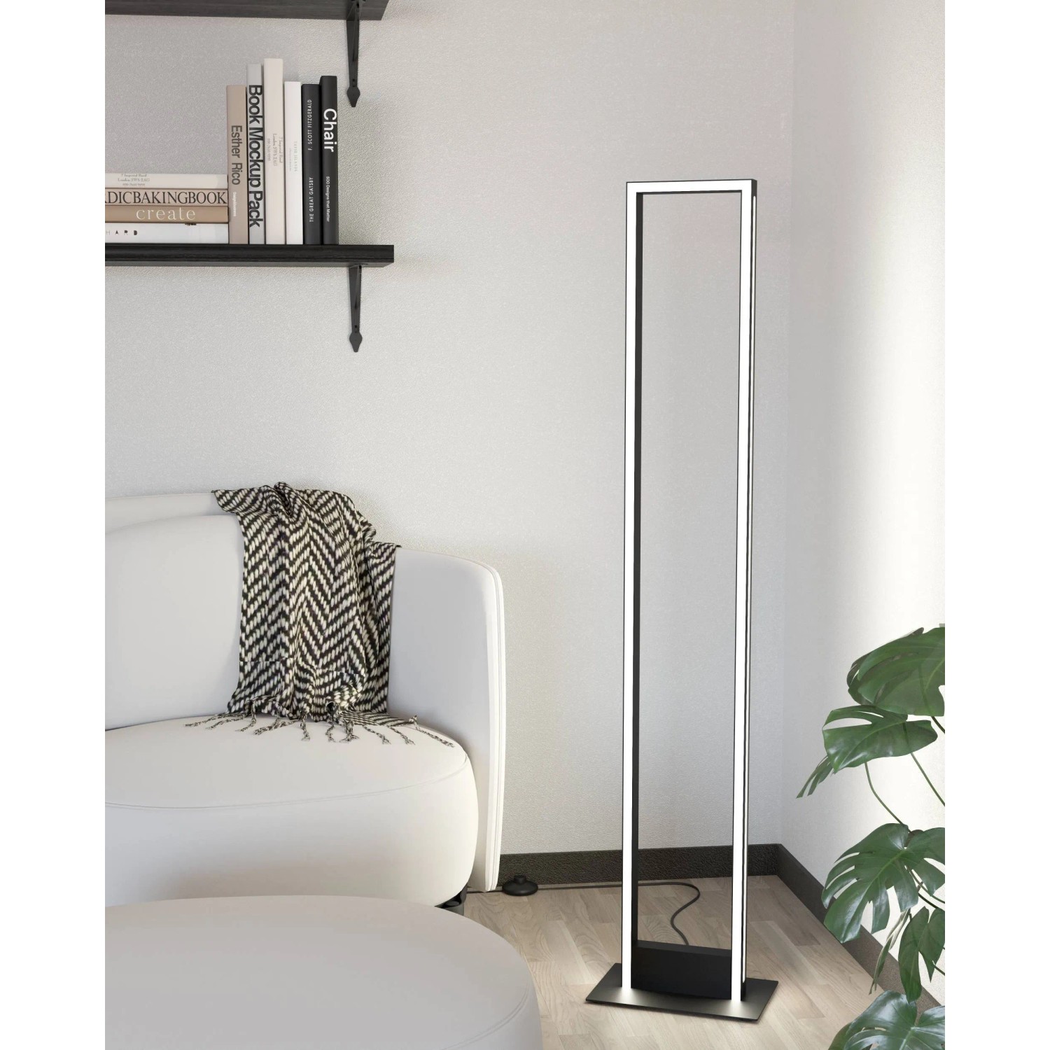 Moderne, dimmbare LED-Stehleuchte Salvilanas-Z von Eglo, 133 cm hoch, schwarz-weiß, für smarte Beleuchtung.