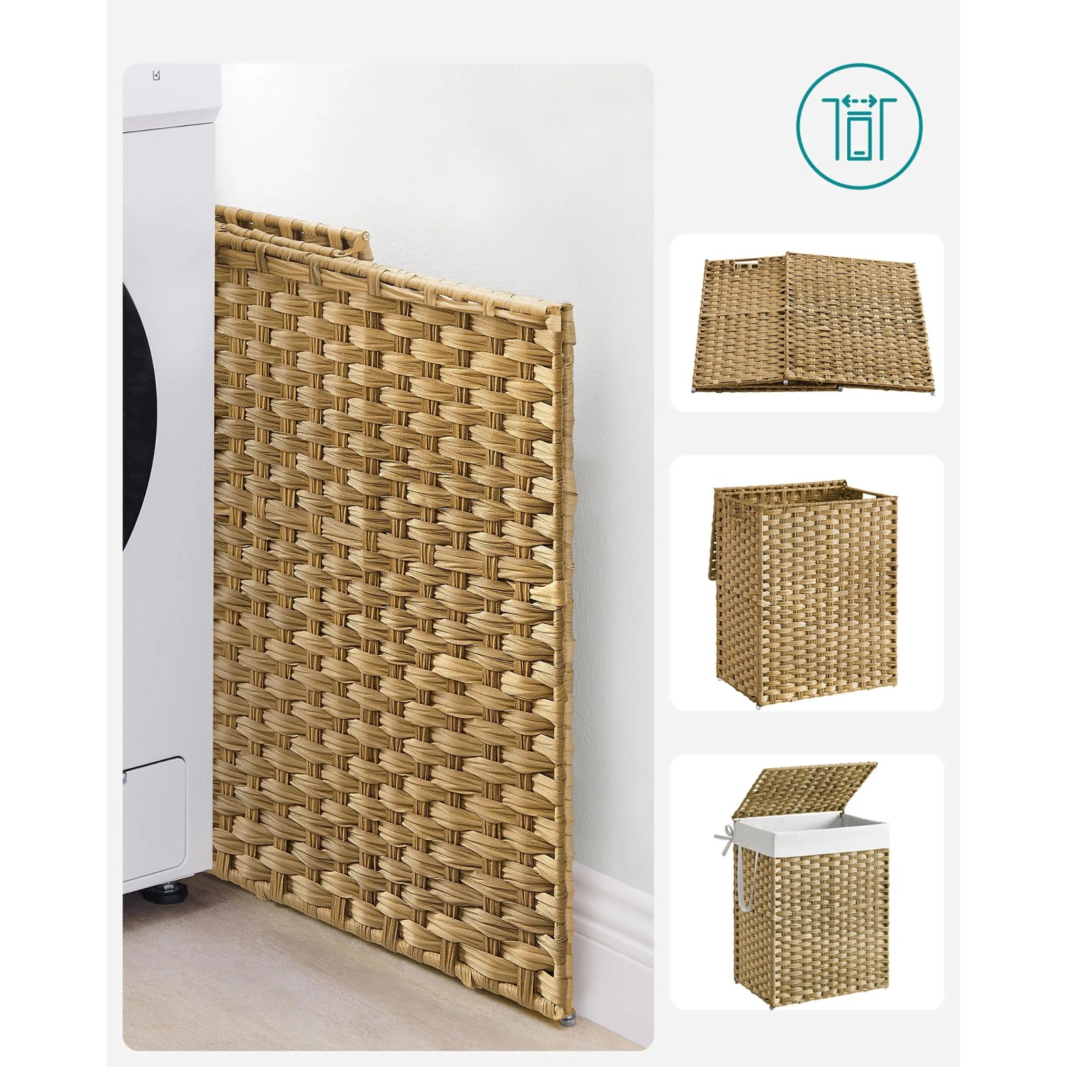 Songmics Wäschesammler Eliott, 90L, Natur, geflochten, mit Deckel und Wäschesack.