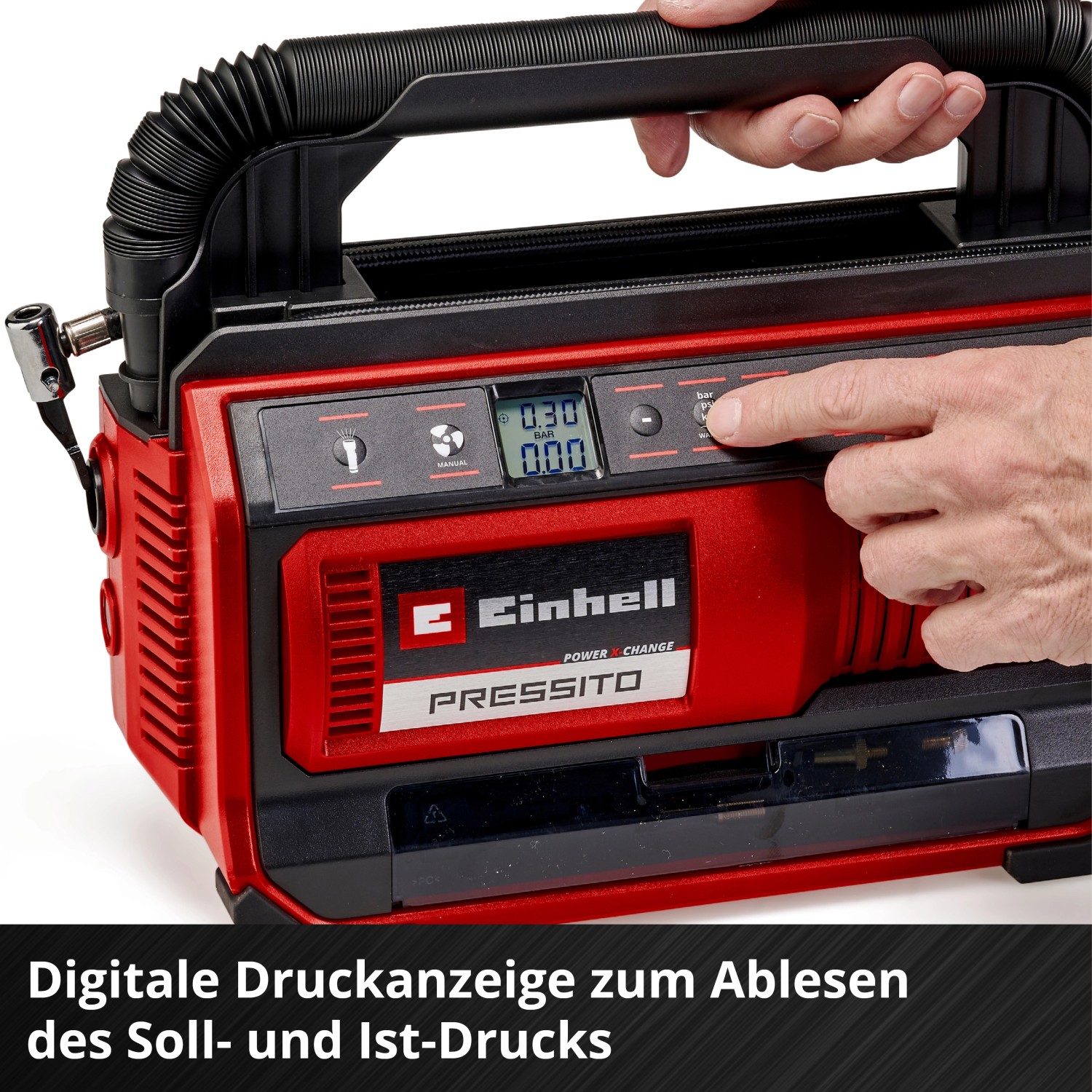 Einhell Power X-Change Hybrid-Kompressor Pressito 18/25 mit digitaler Druckanzeige.